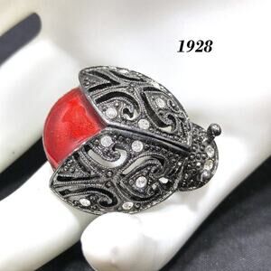 1928 Company Lady Bug Brooch, Red Enamel, Clear Rhinestones, Gunmetal Gray Pin